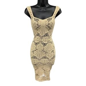 Intimately Free People Beige Crochet‎ Bodycon Midi Dress Sleeveless Open Knit S